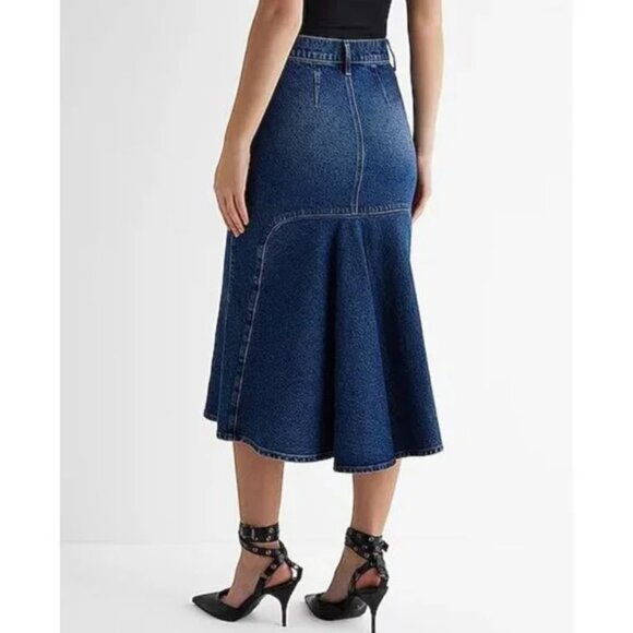 Express Dresses & Skirts - Express Super High Waisted Flare Hem Front Slit Denim Midi Skirt 8